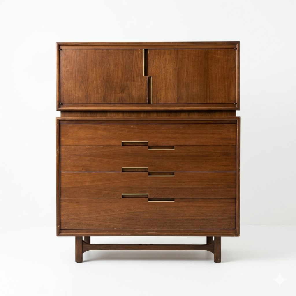 Cavalier Furniture Vintage Mid Century Modern Highboy Brass and Walnut Dresser c. 1960s