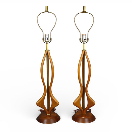 Modeline Style Pair of Vintage Mid Century Modern Sculpted Walnut Table Lamps c. 1960s