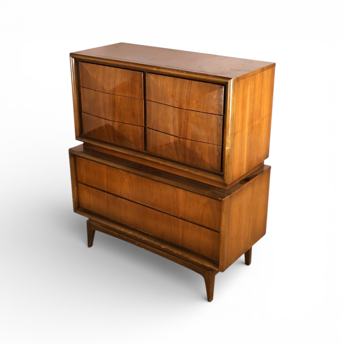 United Furniture Diamond Front Vintage Mid Century Modern Highboy Dresser c. 1960s