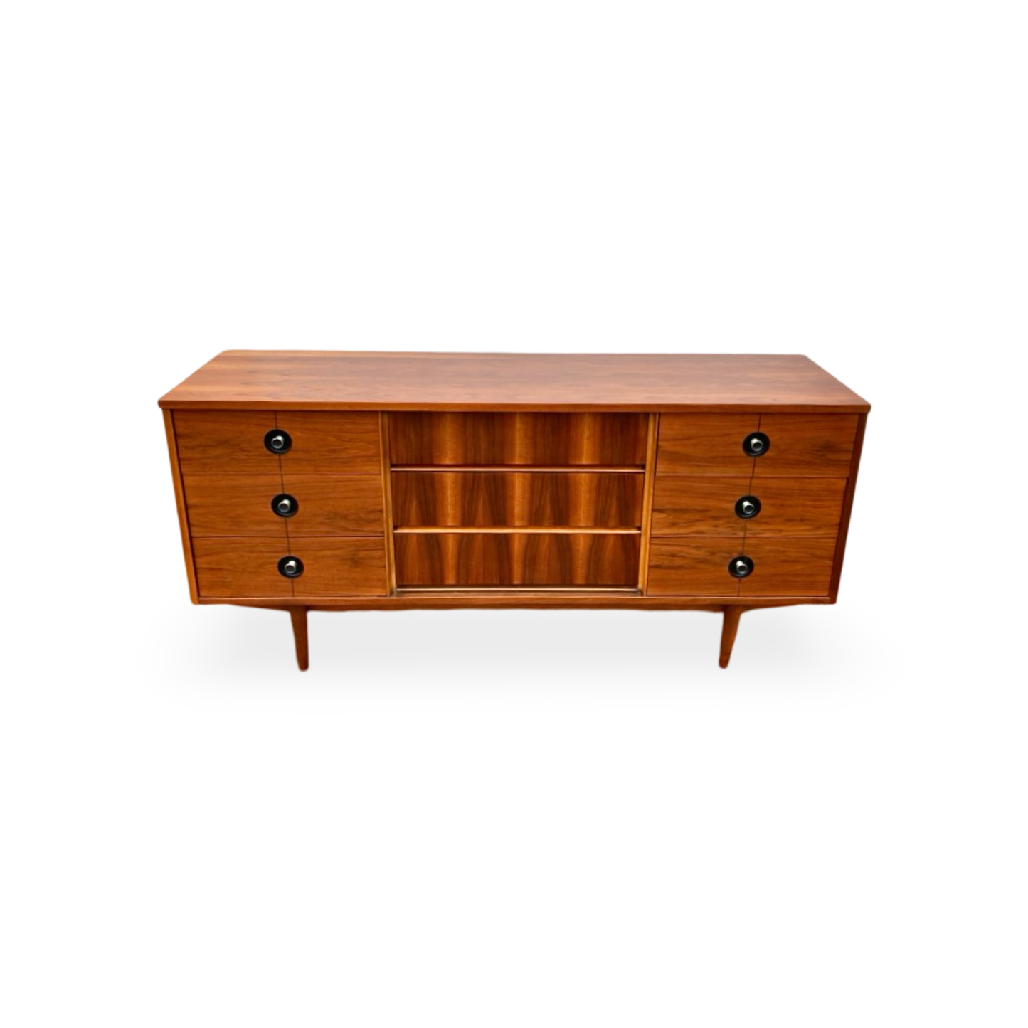 Stanley Vintage Mid Century Modern 9 Drawer Lowboy Walnut Dresser c. 1960s