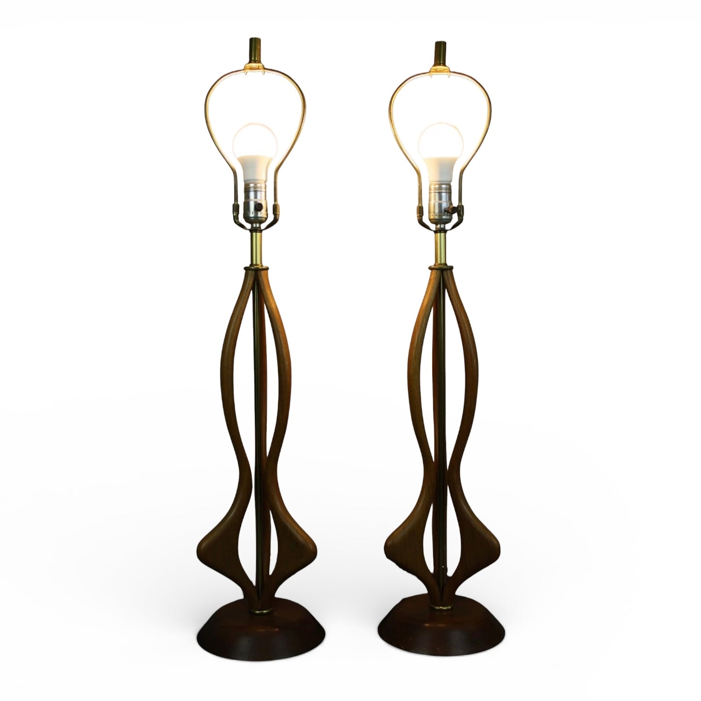 Modeline Style Pair of Vintage Mid Century Modern Sculpted Walnut Table Lamps c. 1960s