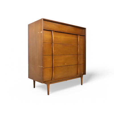 Red Lion Vintage Mid Century Modern Sculpted Highboy c. 1960s — walnut construction, front view