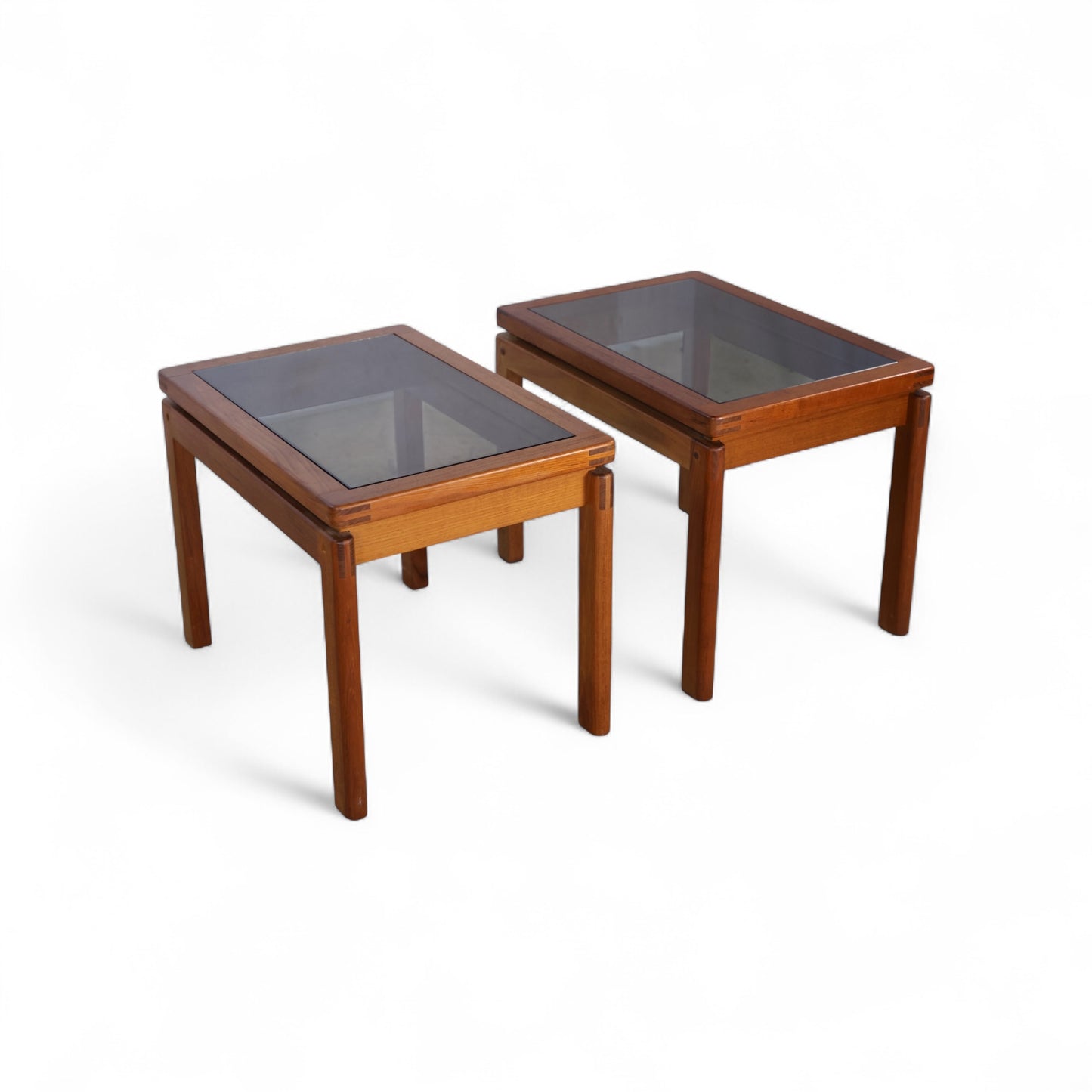 Kristiansen Thomassen Vintage Danish Mid Century Modern Teak and Smoke Glass End Tables Pair