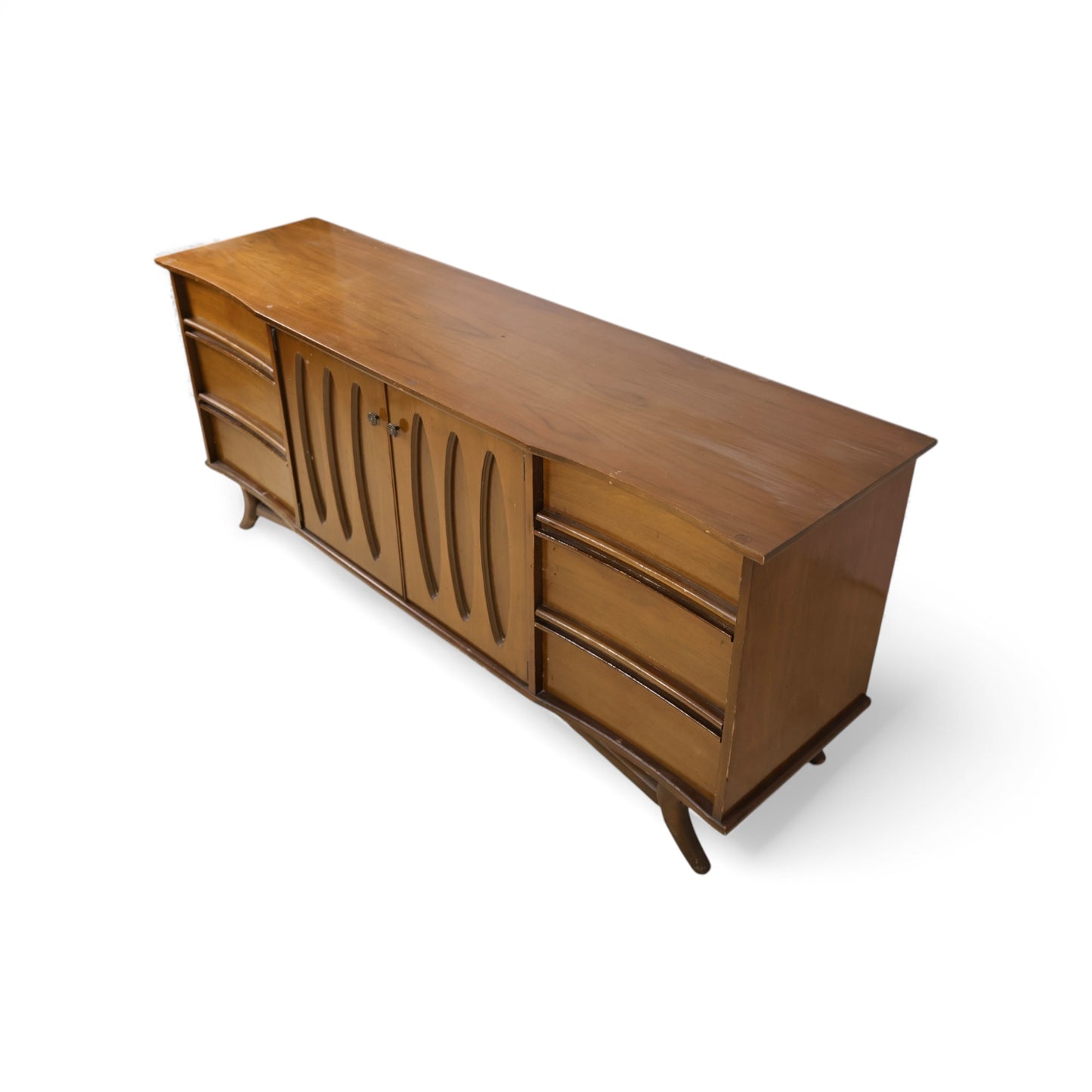 Sculpted Vintage Mid Century Modern 9 Drawer Lowboy Dresser c. 1960s