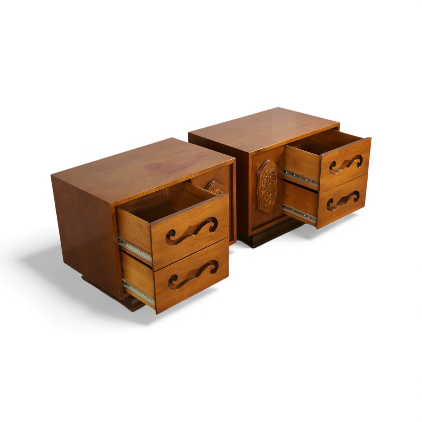 Young Manufacturing Vintage Pair of Mid Century Modern Brutalist Spanish Revival Nightstands c. 1960s