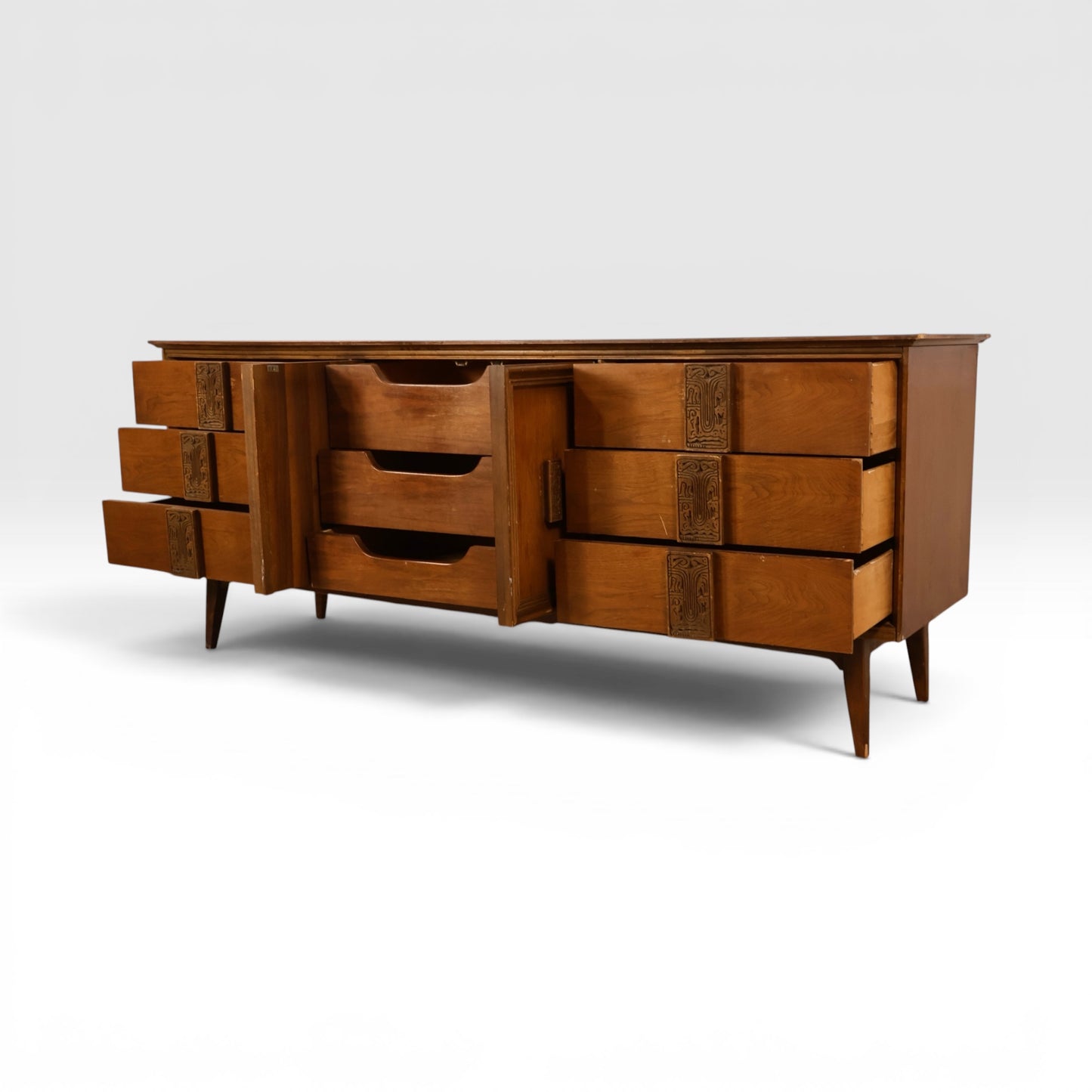 Bassett Mayan Vintage 9 Drawer Mid Century Modern Lowboy Dresser c. 1960s