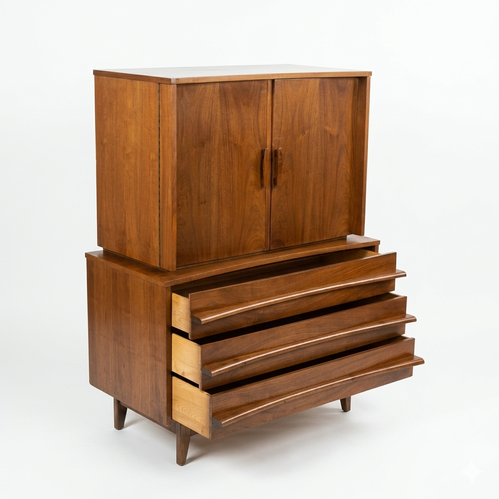 Young Manufacturing Vintage Concave Top Mid Century Modern Highboy Dresser c. 1960s — view 6