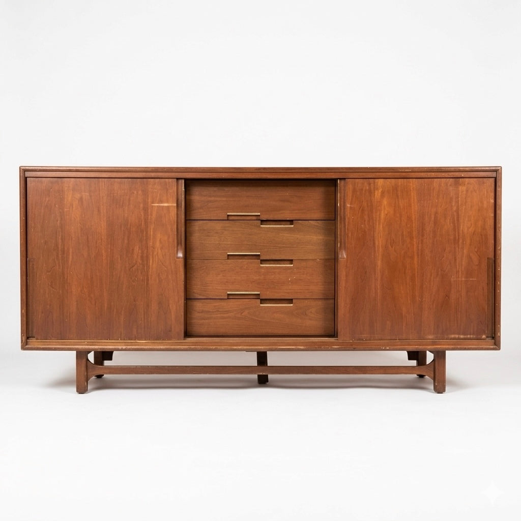 Cavalier Furniture Vintage Mid Century Modern Brass and Walnut Lowboy Dresser c. 1960s
