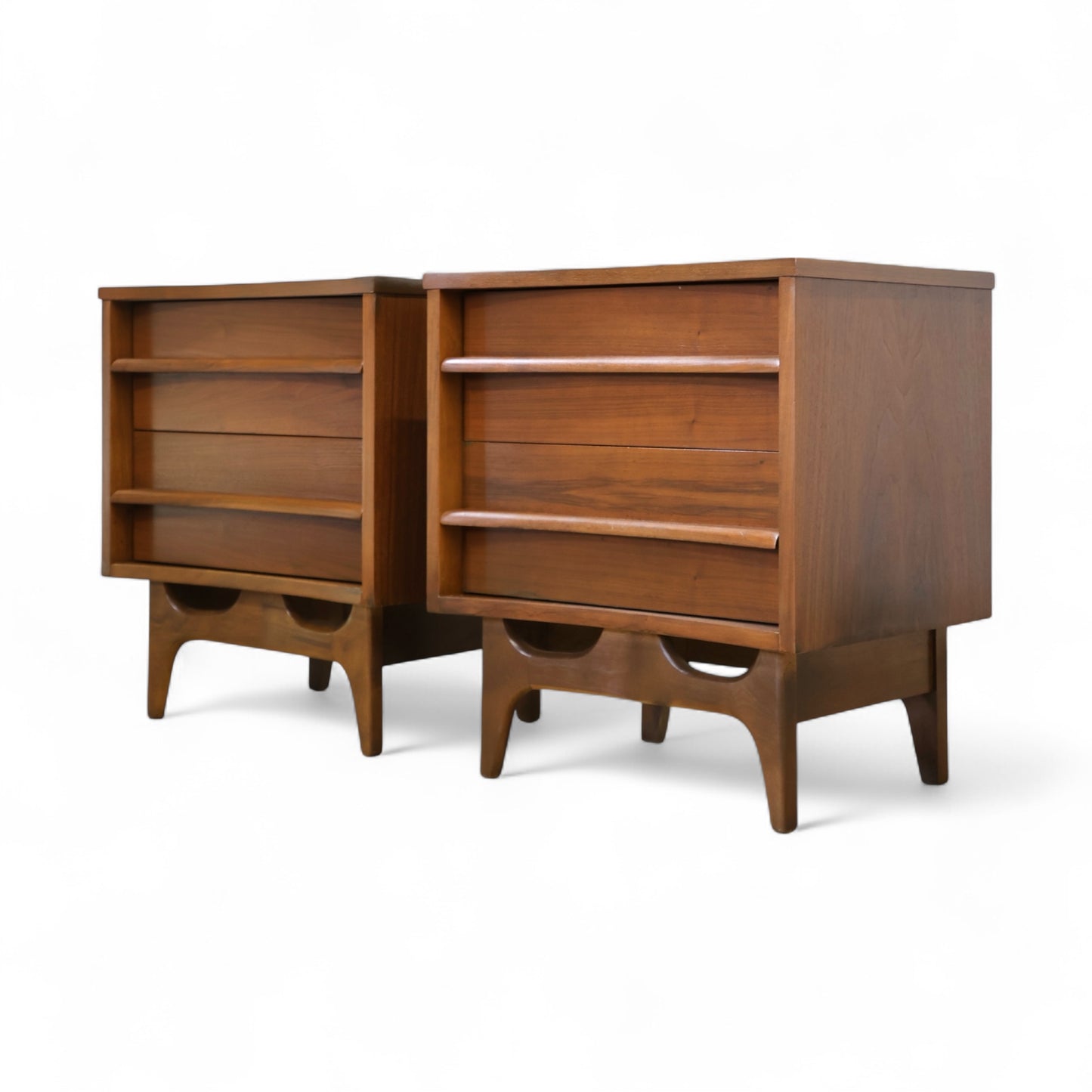 Young Manufacturing Vintage Mid Century Modern Concave Top Pair of Sculpted Nightstands c. 1960s