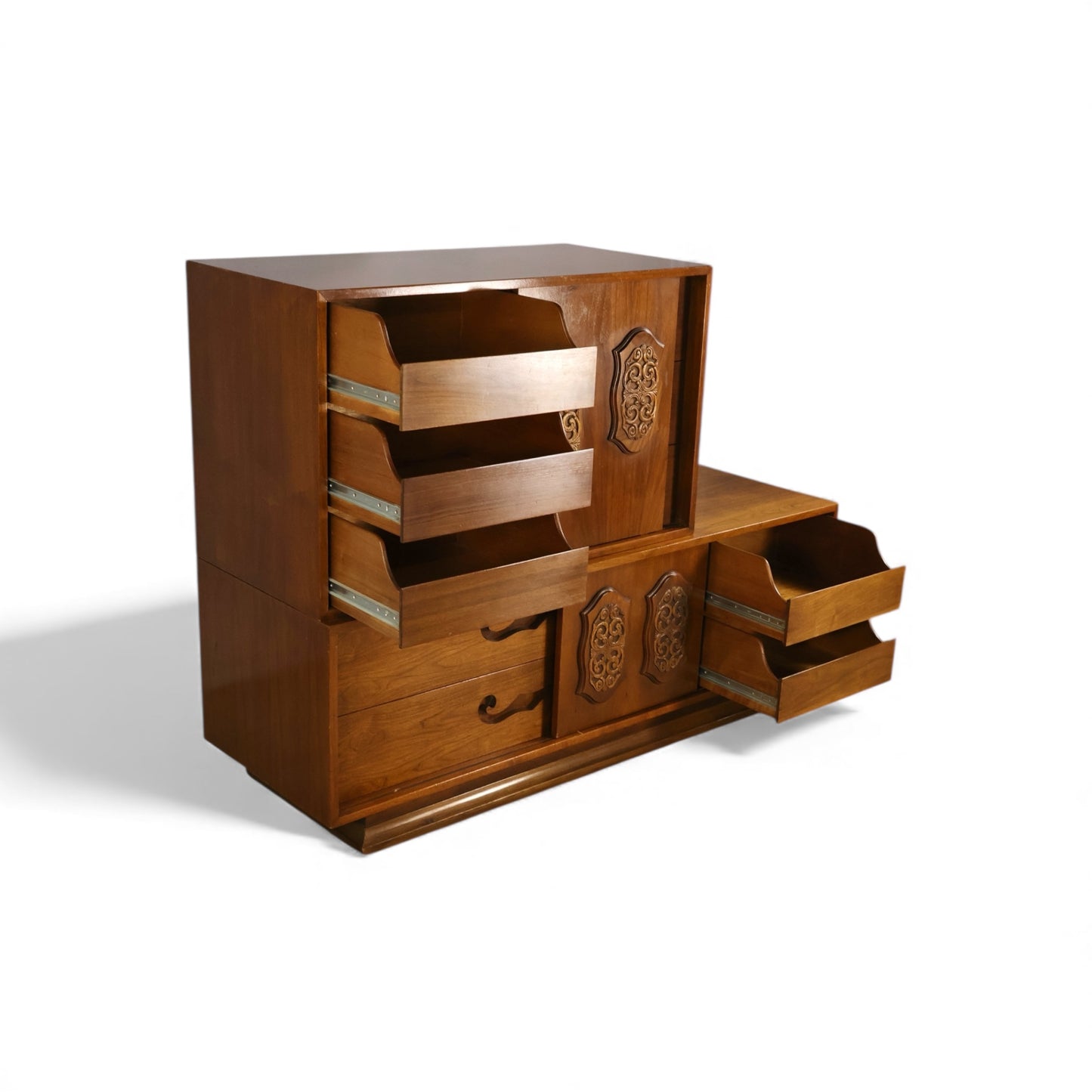 Young Manufacturing Vintage Mid Century Modern Brutalist Spanish Revival 2 Piece Highboy Dresser c. 1960s