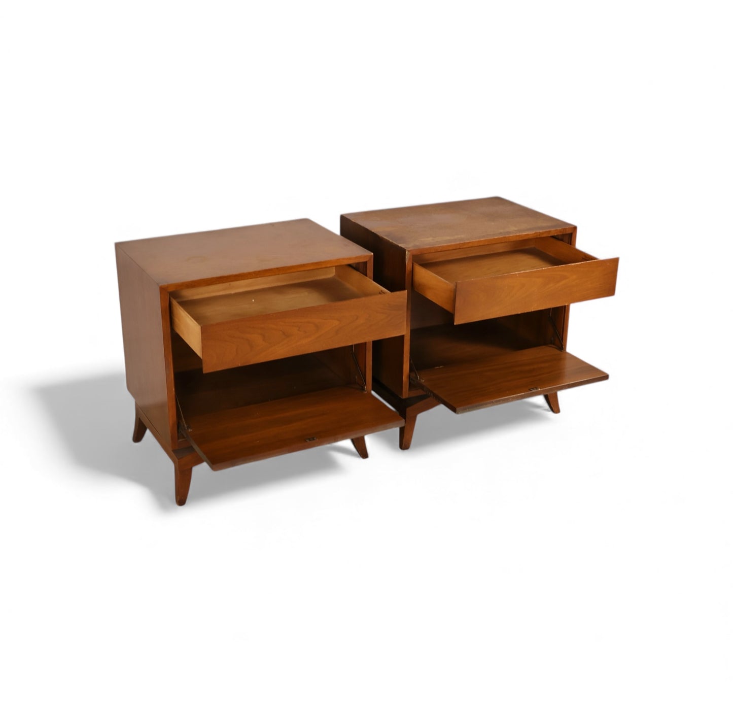 Tomlinson Pair of Vintage Mid Century Modern Burl and Walnut  Nightstands c. 1960s