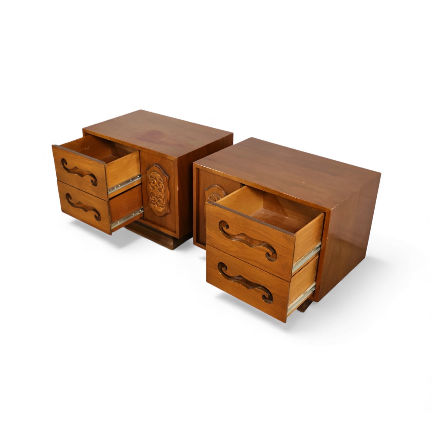 Young Manufacturing Vintage Pair of Mid Century Modern Brutalist Spanish Revival Nightstands c. 1960s