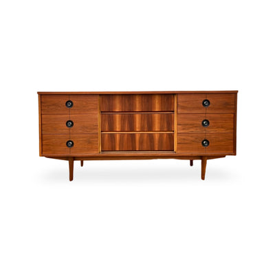 Stanley Vintage Mid Century Modern 9 Drawer Lowboy Walnut Dresser c... — front view