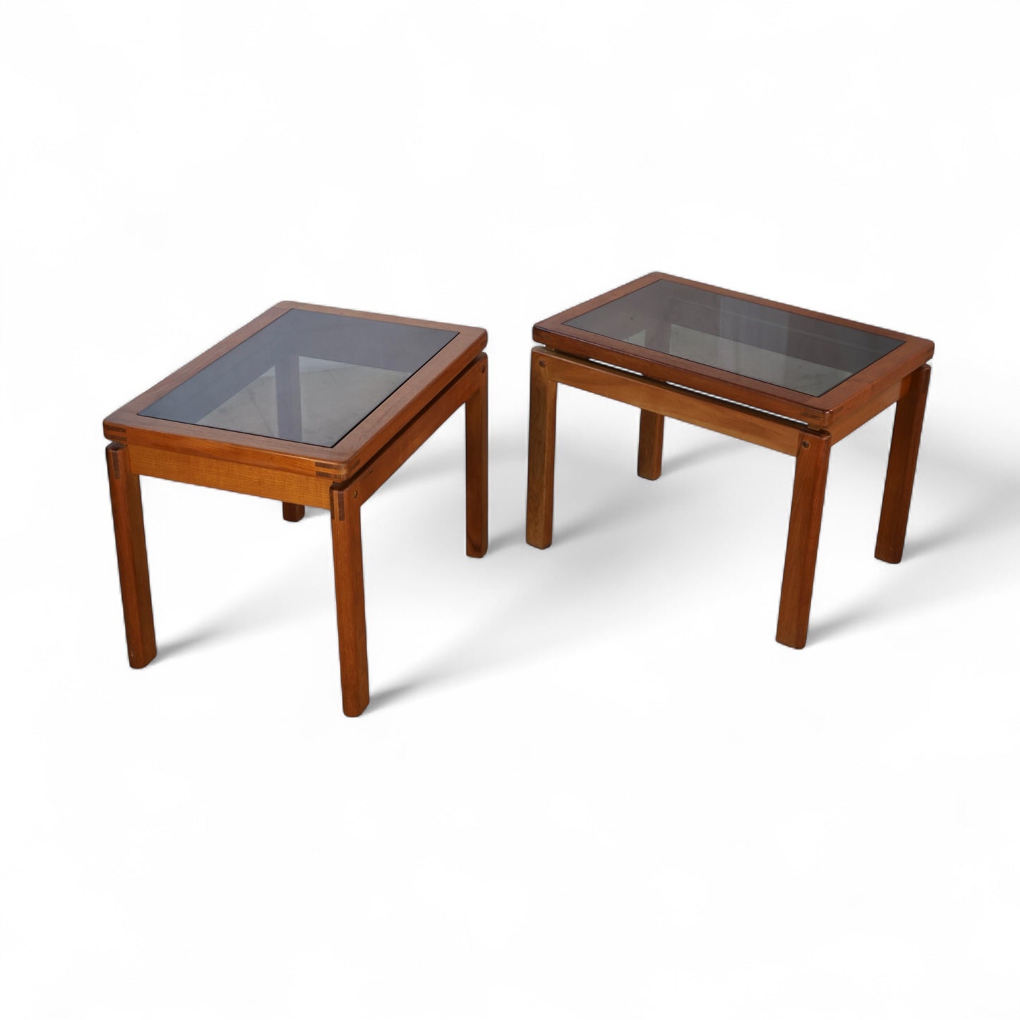 Kristiansen Thomassen Vintage Danish Mid Century Modern Teak and Smoke Glass End Tables Pair