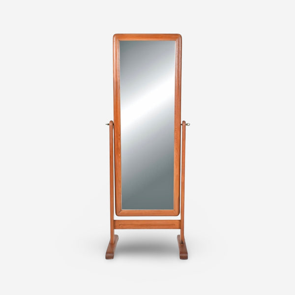 Danish Modern Vintage Teak Mid Century Cheval Standing Tilt Mirror — Teak construction, front view