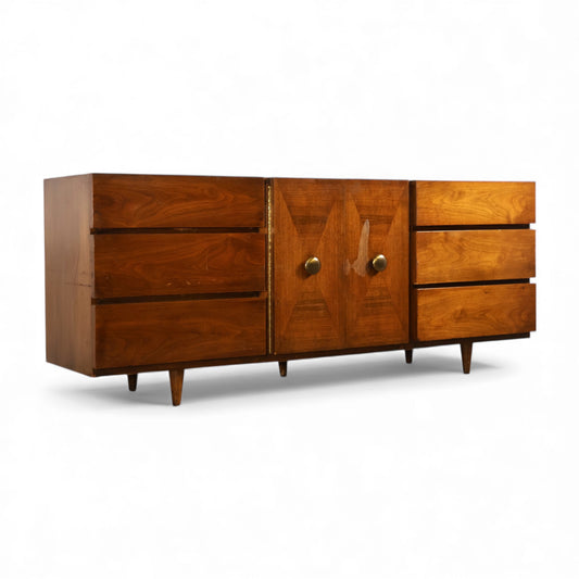 American of Martinsville Vintage Mid Century Modern 9 Drawer Lowboy Dresser c. 1960s