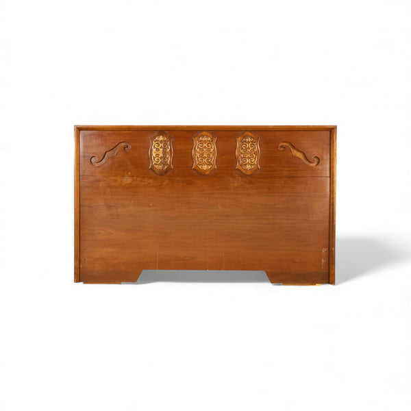 Young Manufacturing Vintage Mid Century Modern Brutalist Spanish Revival Queen Headboard c. 1960s, straight on front view
