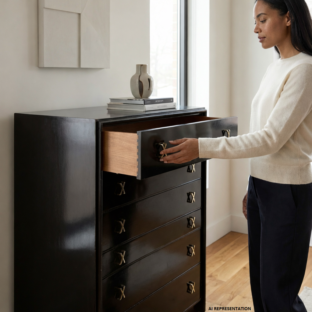 Paul Frankl for Johnson Furniture Black Lacquer Vintage Mid Century Modern Highboy Dresser c. 1960s