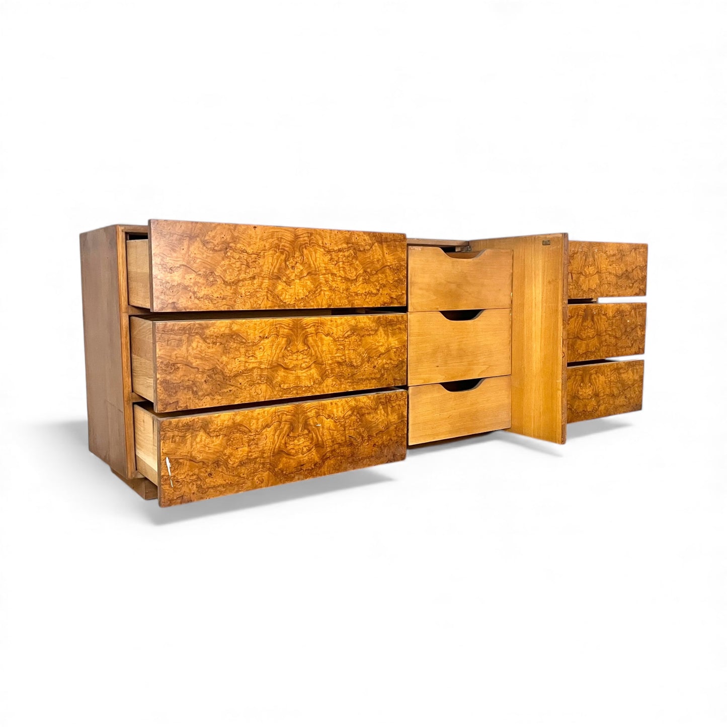 Lane Vintage Brutalist Mid Century Modern Burl 9 Drawer Lowboy Dresser c. 1970s