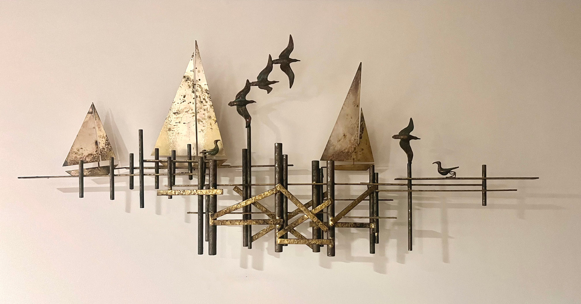 Curtis Jere Brutalist seagulls and sailboats sculpture, vintage