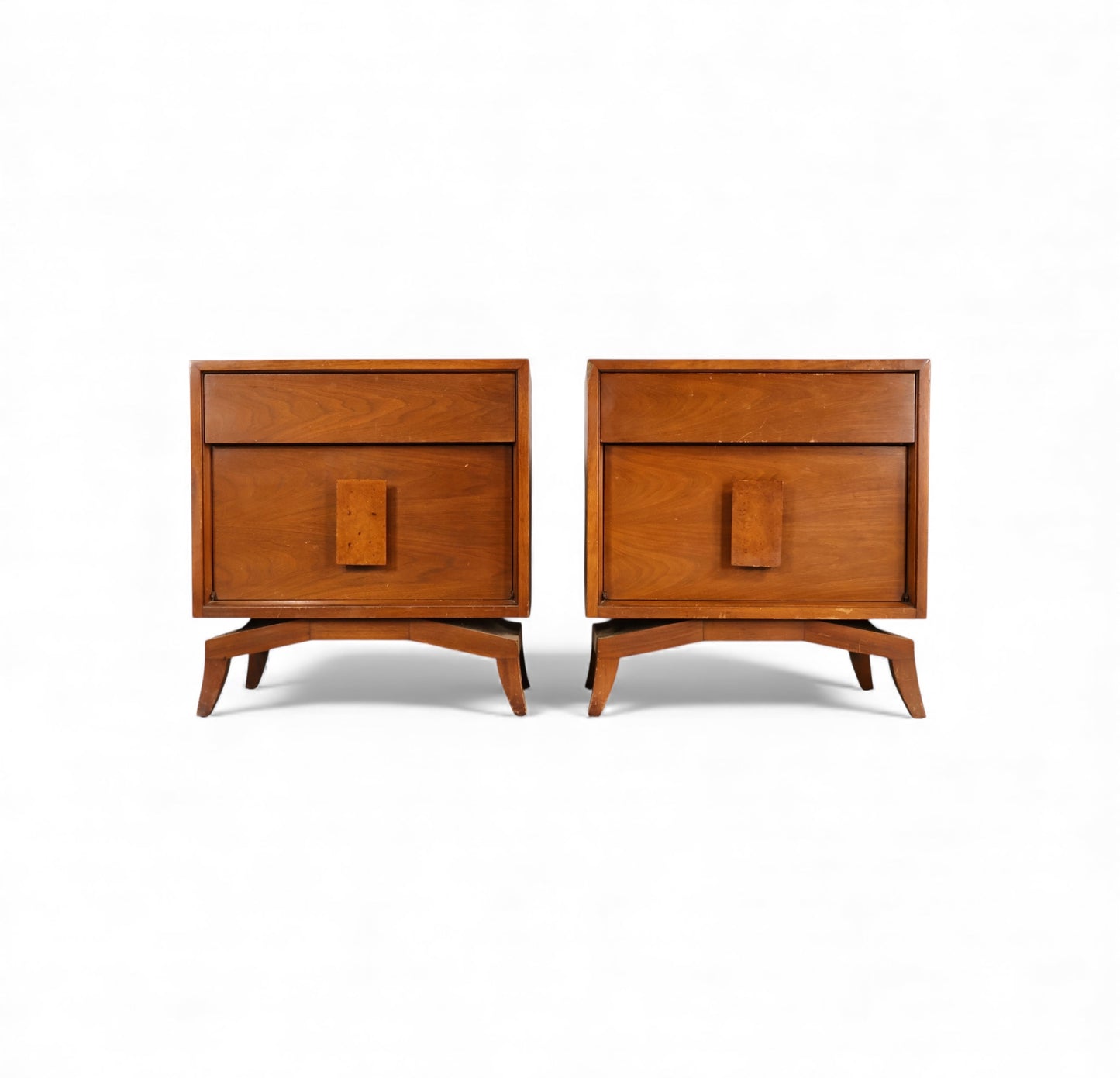 Tomlinson Pair of Vintage Mid Century Modern Burl and Walnut  Nightstands c. 1960s