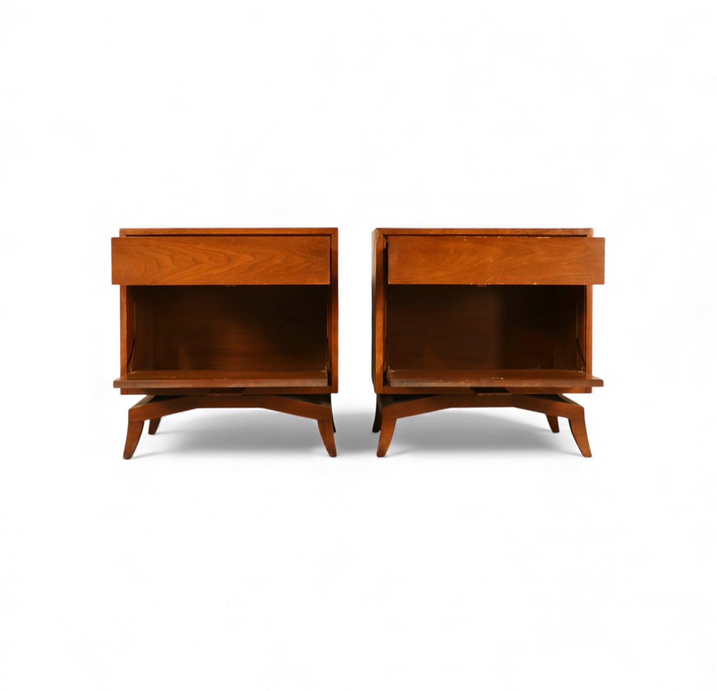 Tomlinson Pair of Vintage Mid Century Modern Burl and Walnut  Nightstands c. 1960s