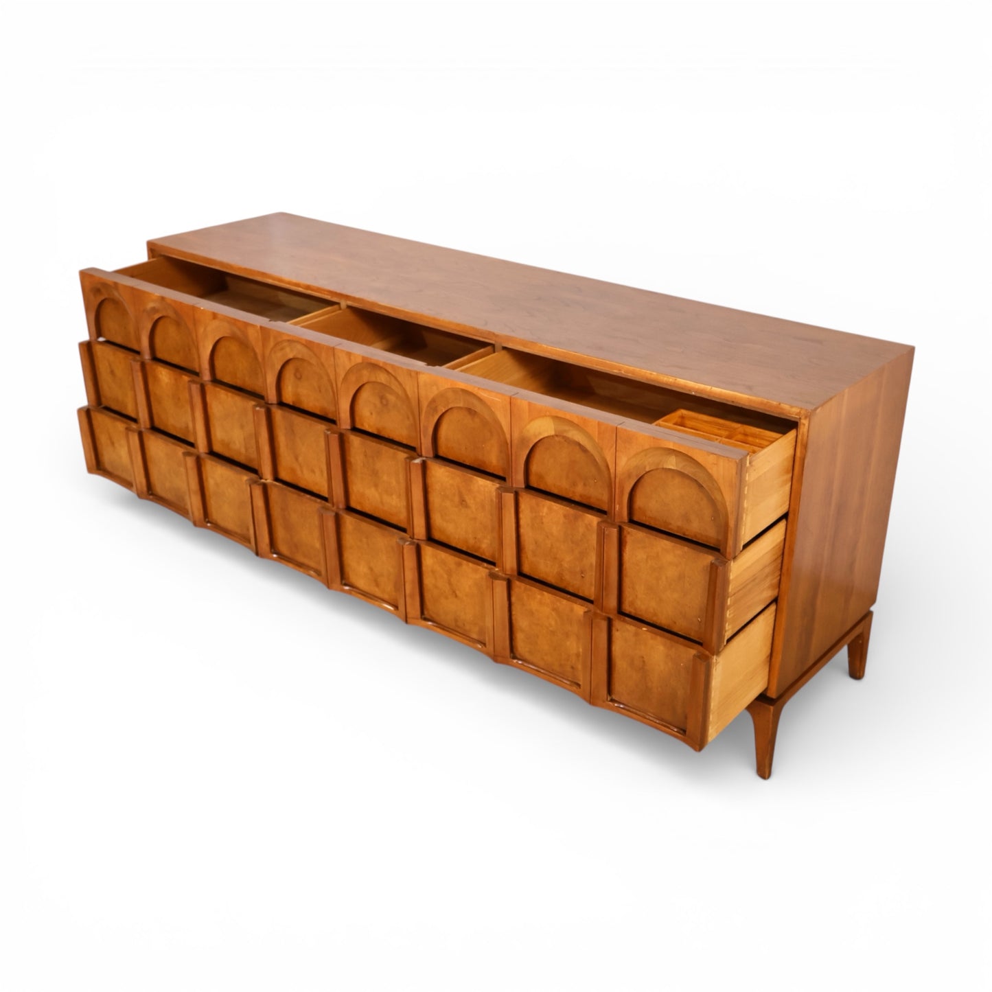 Thomasville Vintage Burlwood Mid Century Modern Sculptural 9 Drawer Lowboy Dresser c. 1960s