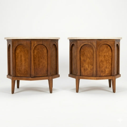 Thomasville Vintage Pair of Mid Century Modern Sculptural Round Burlwood Nightstands or End Tables c. 1960s