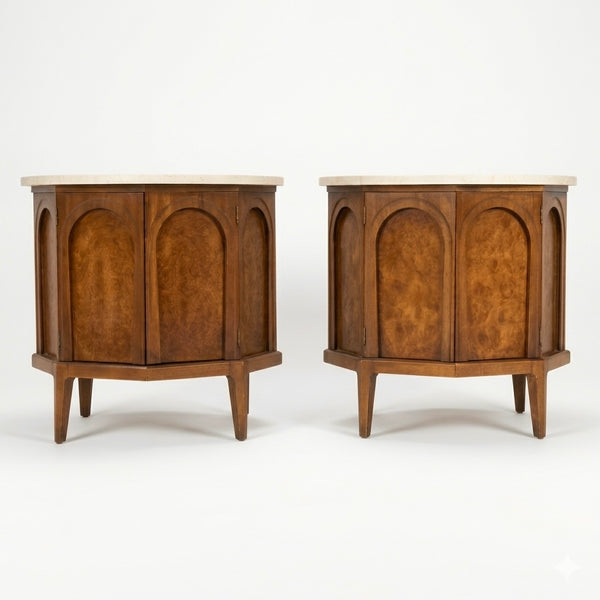 Thomasville Vintage Pair of Mid Century Modern Sculptural Round Burlwood Nightstands or End Tables c. 1960s, straight on front view