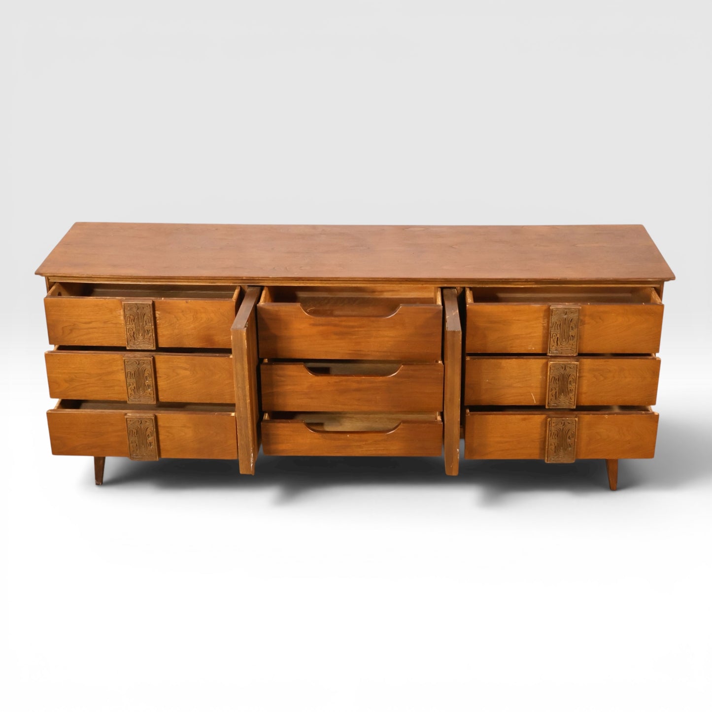 Bassett Mayan Vintage 9 Drawer Mid Century Modern Lowboy Dresser c. 1960s