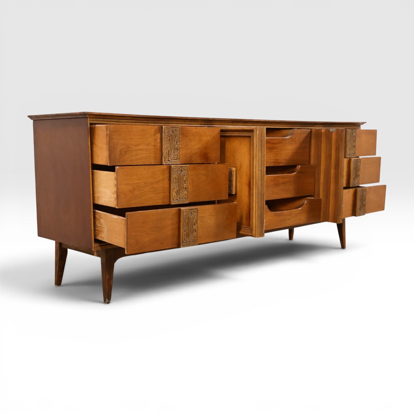 Bassett Mayan Vintage 9 Drawer Mid Century Modern Lowboy Dresser c. 1960s