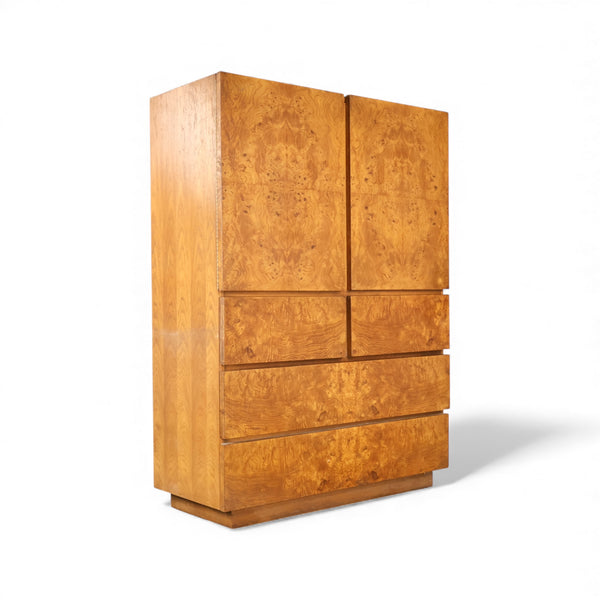 Lane Vintage Brutalist Mid Century Modern Burl Armoire c. 1970s — burl construction, front view