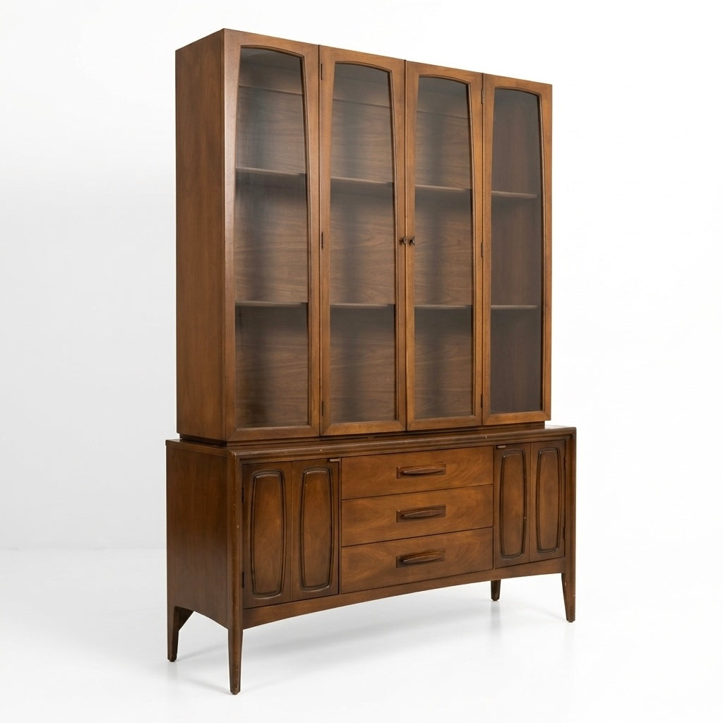 Broyhill Emphasis Vintage Mid Century Modern 2 Piece Buffet and Hut... — walnut construction, front view