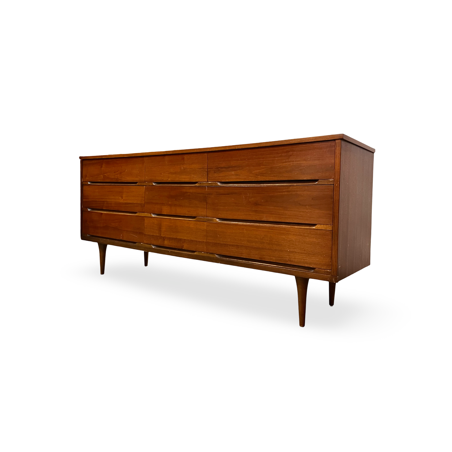 Vintage Mid Century Modern 9 Drawer Lowboy Walnut Dresser c. 1960s