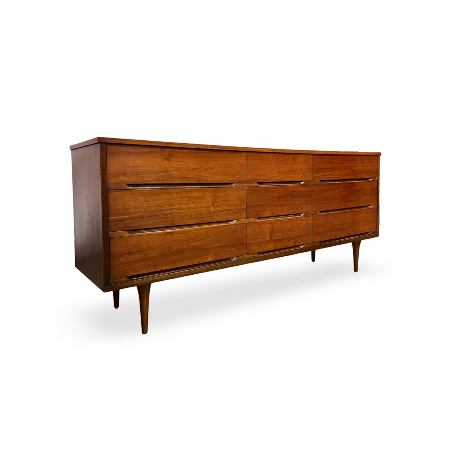 Vintage Mid Century Modern 9 Drawer Lowboy Walnut Dresser c. 1960s