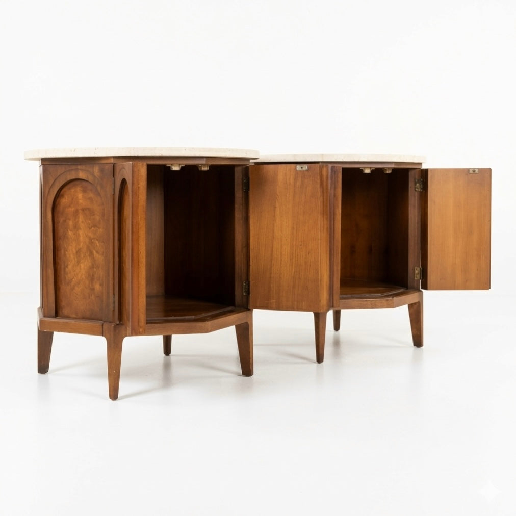 Thomasville burlwood nightstands pair rear view with doors open showing back panels construction and sculptural arched door detail c. 1960s