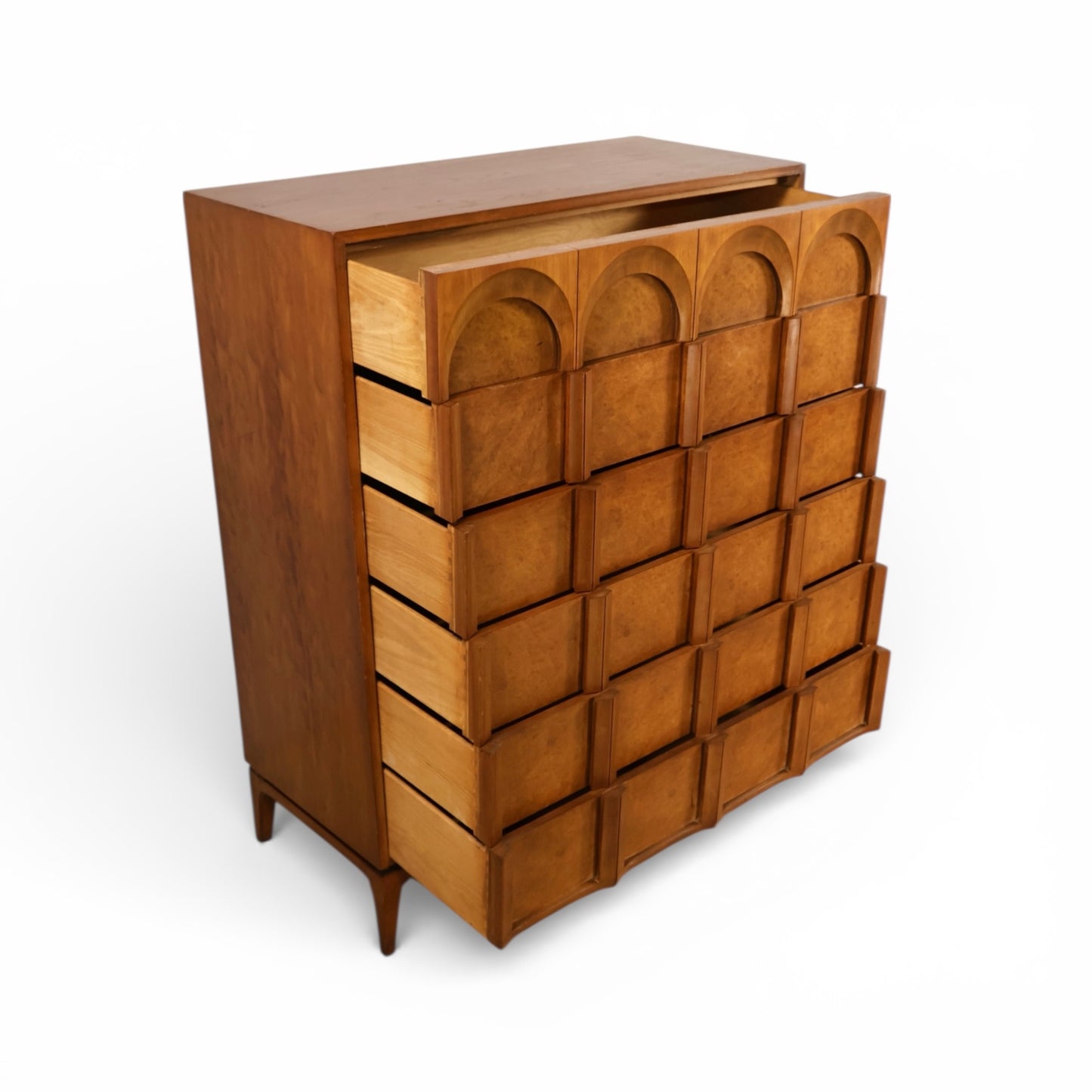 Thomasville Vintage Burlwood Mid Century Modern Sculptural Highboy Dresser c. 1960s