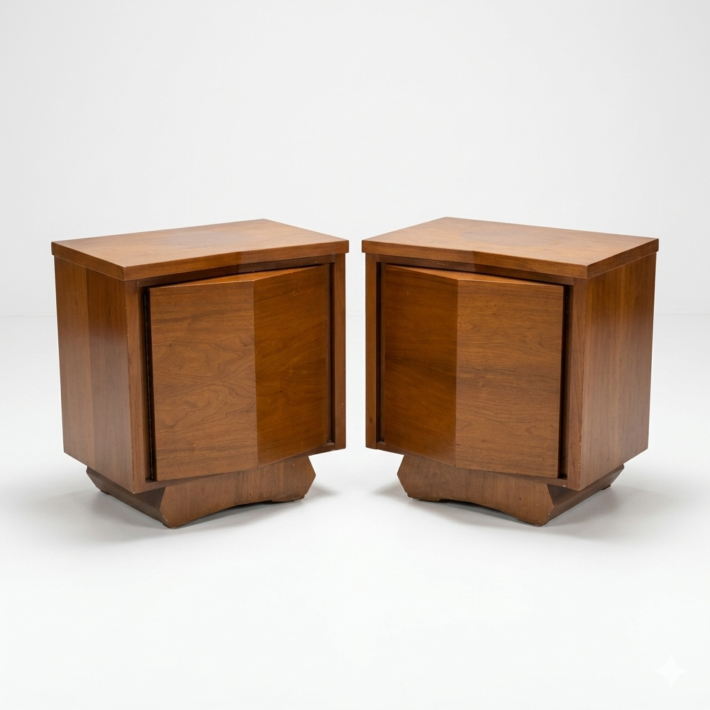 Sculptural Atomic Style Vintage Mid Century Modern Pair of Nightsta... — walnut construction, front view