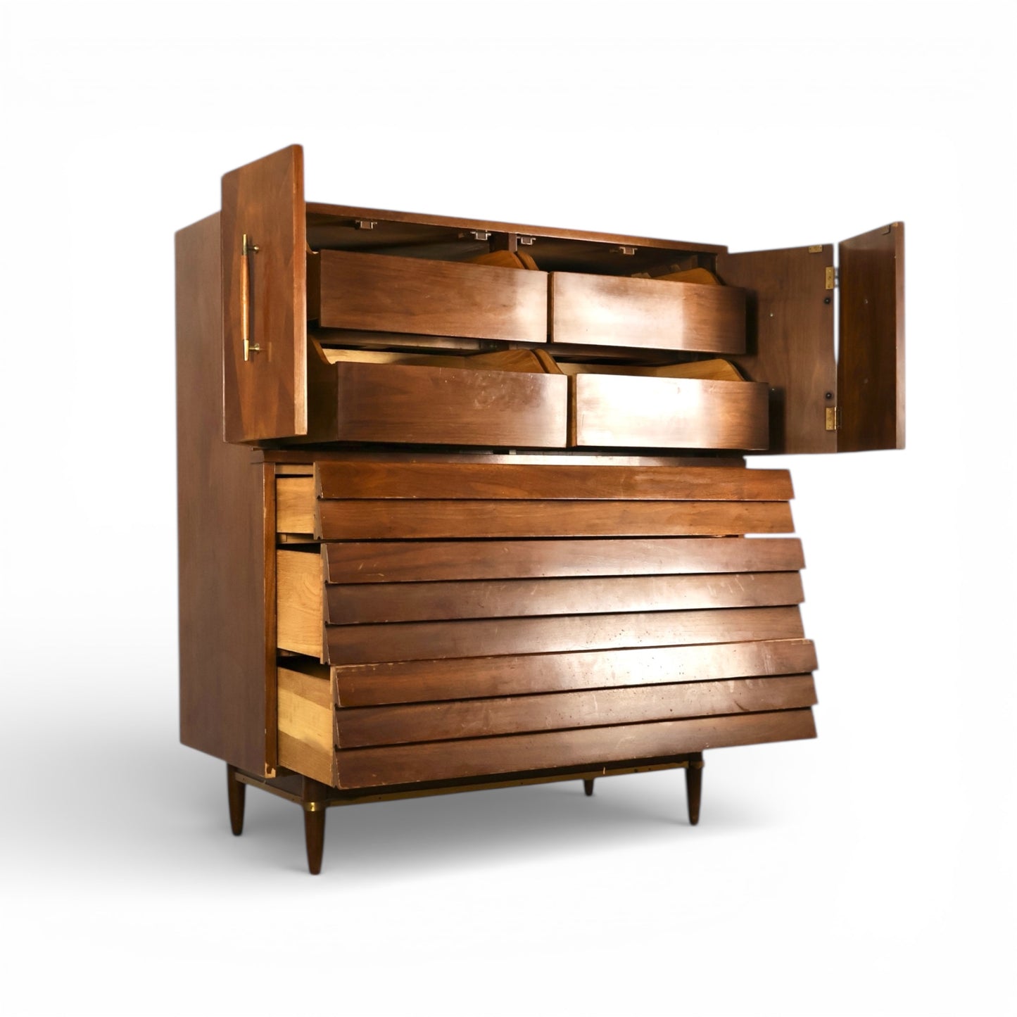 American of Martinsville Dania Collection Vintage Mid Century Modern Highboy Dresser with Doors c. 1960s