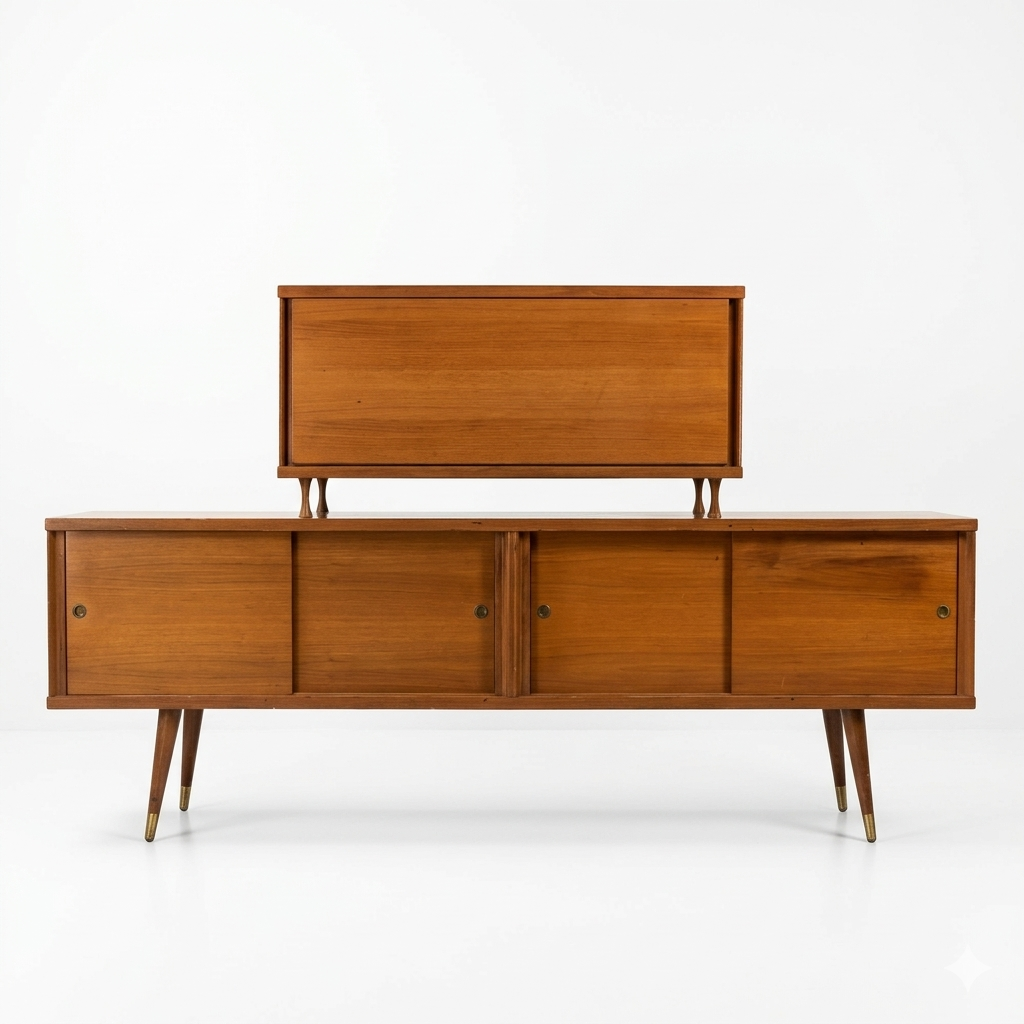 Atomic Style Vintage Mid Century Modern Two Piece Bar Cabinet Sliding Buffet c. 1960s