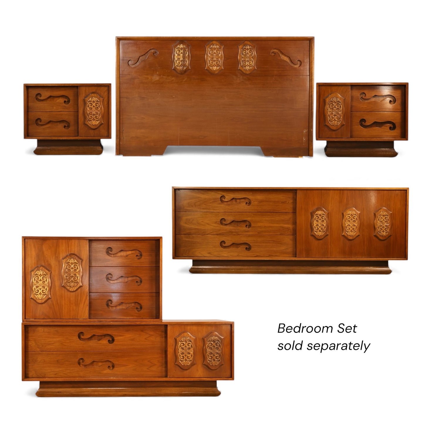 Young Manufacturing Vintage Mid Century Modern Brutalist Spanish Revival 2 Piece Highboy Dresser c. 1960s