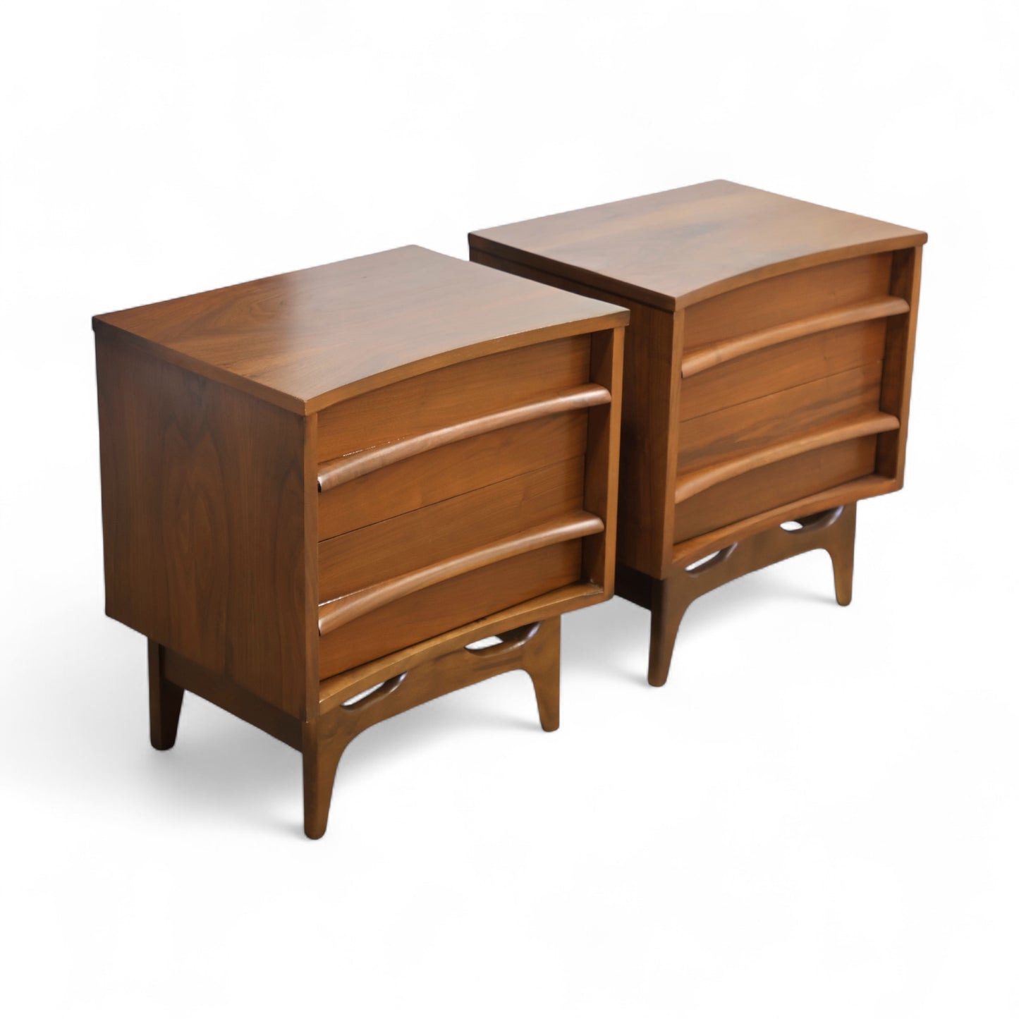 Young Manufacturing Vintage Mid Century Modern Concave Top Pair of Sculpted Nightstands c. 1960s