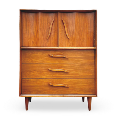 Unagusta Vintage Mid Century Modern Sculpted Highboy Dresser c. 1960s — walnut construction, front view