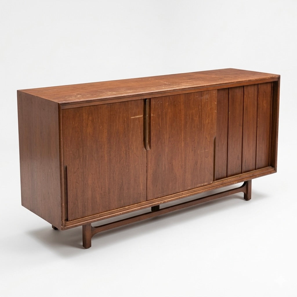Cavalier Furniture Vintage Mid Century Modern Brass and Walnut Lowboy Dresser c. 1960s