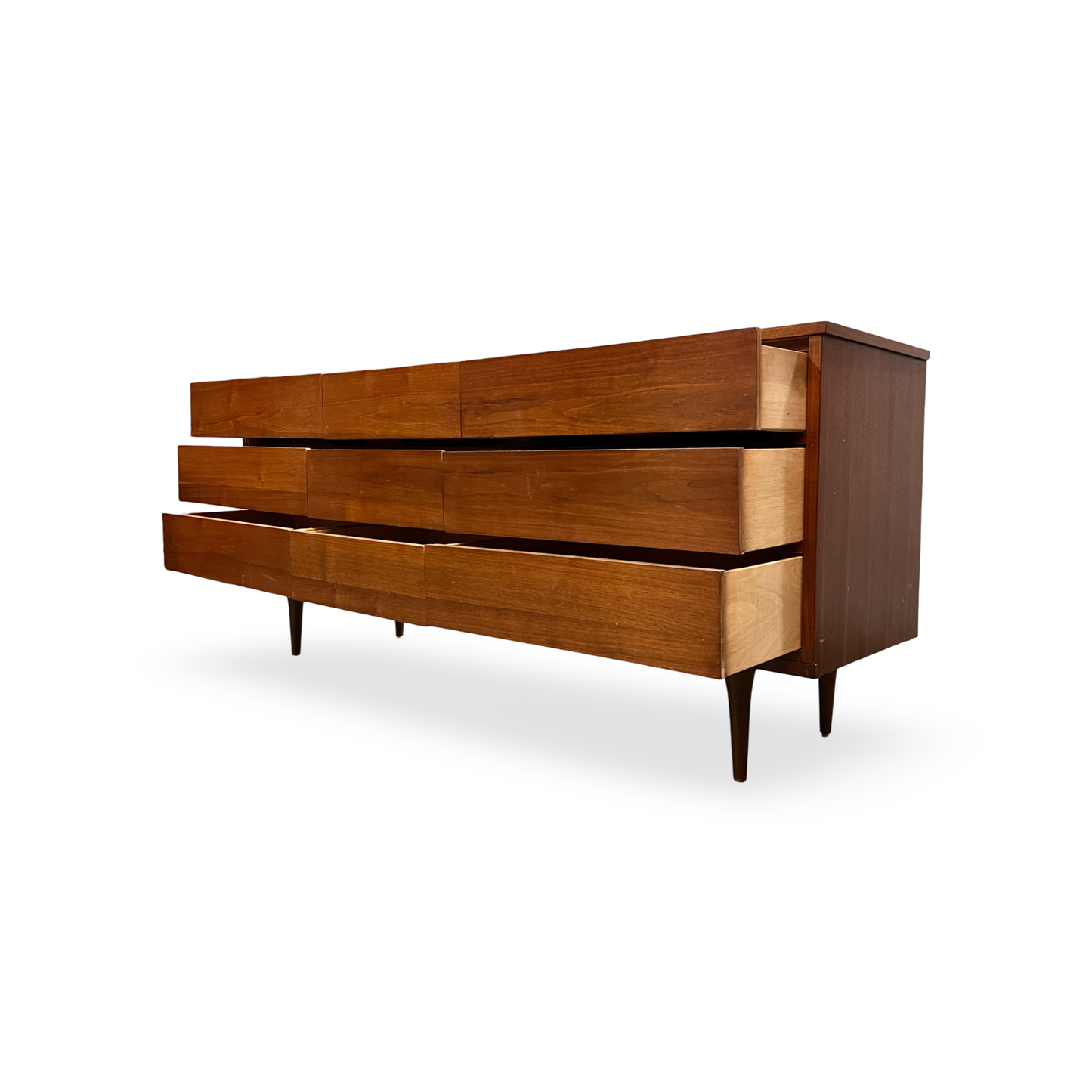 Vintage Mid Century Modern 9 Drawer Lowboy Walnut Dresser c. 1960s