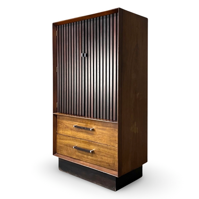 Lane Tower Suite Vintage Mid Century Modern Brutalist Armoire c. 1970s — walnut construction, front view
