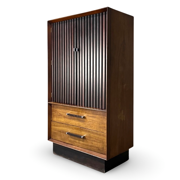 Lane Tower Suite Vintage Mid Century Modern Brutalist Armoire c. 1970s — walnut construction, front view