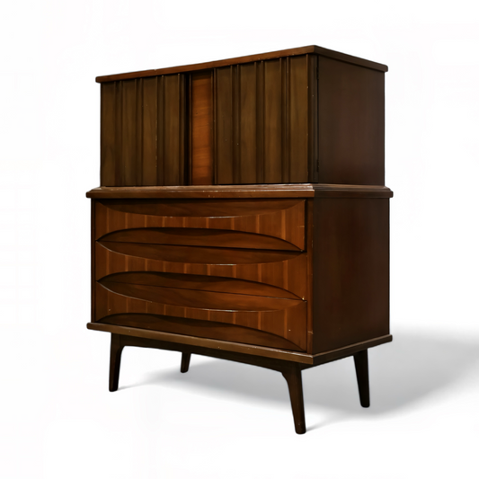 United Furniture Vintage Mid Century Modern Curved Highboy Dresser c. 1960s