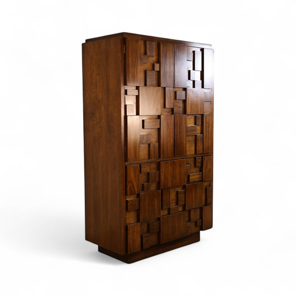 Lane Staccato Vintage Brutalist Mid Century Modern Armoire c. 1960s — walnut construction, front view
