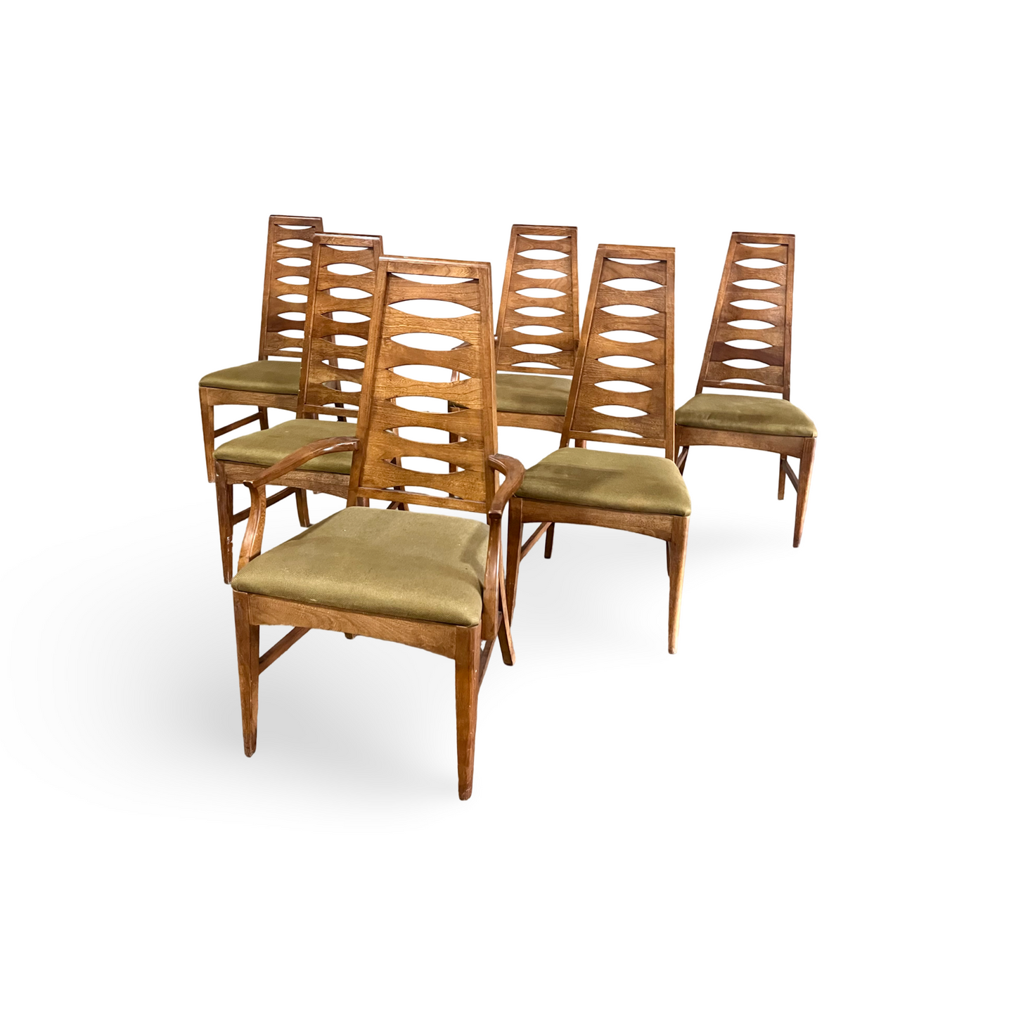 Young Manufacturing Mid Century Modern High Back 7 Slats Set of 6 Cat Eye Dining Chairs c. 1960s